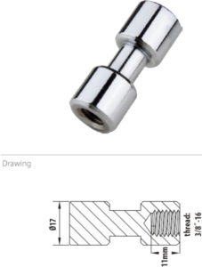 800q-01_122710 Kuvassa on Kupo KS-013FS 17mm Spigot, kromattu ja 3/8"-16 sisäkierteellä, teknisen piirustuksen yläpuolella, jossa on yksityiskohtaiset tiedot sen 17mm halkaisijasta ja 11mm pituudesta.