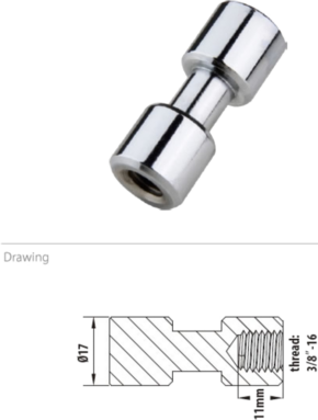 800q-01_122710 Pictured is the Kupo KS-013FS 17mm Spigot, chrome plated and with 3/8"-16 female thread, above a technical drawing detailing its 17mm diameter and 11mm length.