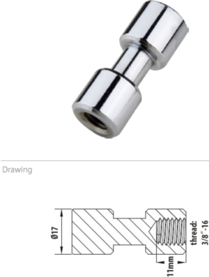 800q-01_122710 Pictured is the Kupo KS-013FS 17mm Spigot, chrome plated and with 3/8"-16 female thread, above a technical drawing detailing its 17mm diameter and 11mm length.
