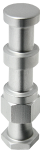 800q-01_122713 Lähikuva Kupo KS-020 5/8" Compact Aluminum Snap In Pin, metallinen sylinterimäinen komponentti, jossa on useita osia, joissa on sileät, pyöristetyt pinnat ja kuusikulmainen mutteri pohjassa, joka on suunniteltu mekaaniseen tai teolliseen käyttöön.