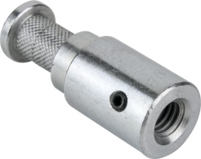 800q-01_122716 Lähikuva Kupo KS-037 16 mm:n urosadapterista 3/8", pienestä lieriömäisestä metallikomponentista, jossa on kuvioitu kahva, kierteitetty reikä toisessa päässä ja sivuruuvi.