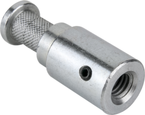 Lähikuva Kupo KS-037 16 mm:n urosadapterista 3/8", pienestä lieriömäisestä metallikomponentista, jossa on kuvioitu kahva, kierteitetty reikä toisessa päässä ja sivuruuvi.