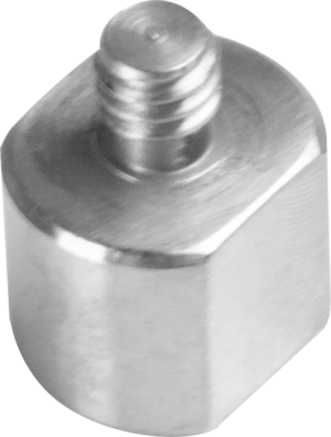 800q-01_122723 Lähikuva Kupo KS-052ST ruostumattomasta teräksestä valmistetusta 3/8"-16-kierteisestä naaras- ja 1/4"-20-kierteisestä sovittimesta, joka on tarkoitettu komponenttien liittämiseen tai kiinnittämiseen.