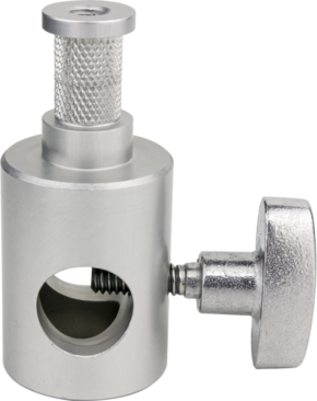 800q-01_122729 Close-up of the Kupo KS-079 Baby Light Adapter for Elinchrom, a silver-coloured metal fixture with knobbed knob, large handle and round hole for attaching rods or tubes.