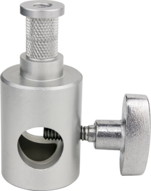 800q-01_122729 Close-up of the Kupo KS-079 Baby Light Adapter for Elinchrom, a silver-coloured metal fixture with knobbed knob, large handle and round hole for attaching rods or tubes.