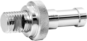 Close-up of the Kupo KS-092 5/8" male 4-way adapter with metal cylindrical design, knurled handle, threaded head and smooth rounded tip for secure connection or attachment of equipment.