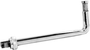 Shiny, metallic Kupo KS-094 Snap In Right Angle Pin for 4 Way Clamp with threaded ends and knobbed ring for grip, L-shaped and insulated with light grey base.