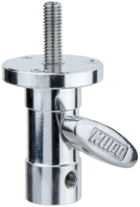 800q-01_122741 Kupo KS-097LB Baby Ball Head Adapterissa on kiiltävä metallirakenne, 3/8" kierteitetty pultti, pyöreä litteä pohja, jossa on neljä reikää, ja KUPO-merkitty sivukahva helppoa kiristämistä tai löysäämistä varten.