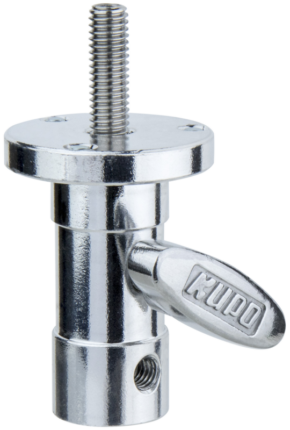 The Kupo KS-097LB Baby Ball Head Adapter features a polished metal construction, a 3/8" threaded bolt, a round, flat base with four holes, and a side handle marked ‘KUPO’ for easy tightening or loosening.