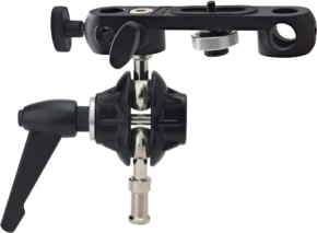 800q-01_122748 The Kupo KS-104 Versatile Swiveling Adapter with KS-CB01 is a black and silver metal mount with adjustable knobs and levers, designed for mounting or attaching photographic or video equipment.