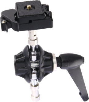 800q-01_122749 Close-up of the Kupo KS-105 Versatile Swivel Adapter with Quick Release Camera Plate, a multi-purpose swivel adapter with camera plate, showing its control knobs, positioning handle and quick release plate against a white background.
