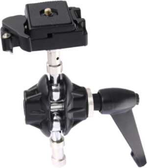 800q-01_122749 Lähikuva Kupo KS-105 Versatile Swivel Adapter with Quick Release Camera Plate -kameralevyllä varustetusta monikäyttöisestä kääntyvästä sovittimesta, jossa näkyy sen säätönupit, paikoituskahva ja pikavapautuslevy valkoista taustaa vasten.