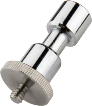 800q-01_122753 The Kupo KS-113 17mm Spigot With 1/4''-20 Male Thread is a metal adapter with a brushed round base and threaded screw, ideal for attaching cameras or accessories to tripods or other equipment.