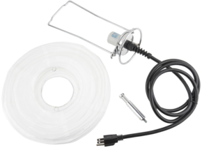 Kupo KS-121 12" China Ball Bracket with E27 Socket, with twisted clear tube, handheld inspection lamp with metal cage and black cord, and small metal tool, displayed on a white background.