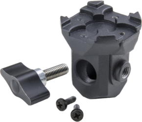 Kupo KS-126 5/8" Baby Socket With Knob, jossa on musta metallikannatin, nuppi ruuvi ja kaksi pienempää ruuvia, näkyy valkoisella pohjalla.