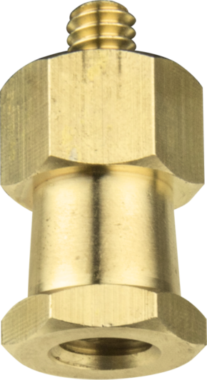 Kupo KS-130 Hex Adapter 3/8"-16F and 1/4"-20M with hexagonal ends, brass metallic gold finish, smooth cylindrical body and threaded top.