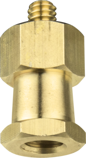 800q-01_122765 Kupo KS-130 Hex Adapter 3/8"-16F- ja 1/4"-20M-sovittimen lähikuva, jossa on kuusikulmaiset päät, messinkinen metallikullanvärinen viimeistely, sileä sylinterimäinen runko ja kierreosa yläosassa.