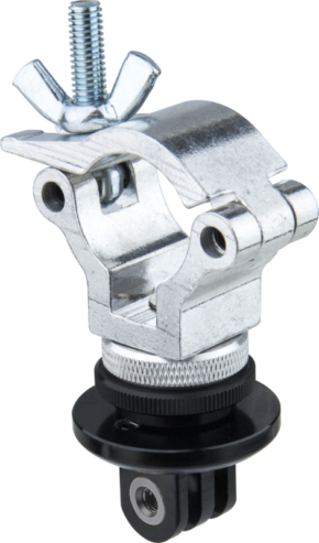 The Kupo KS-131 Gopro Tripod Mount with 1" Coupler includes a silver-colored metal mount with a wing nut screw on a black plastic base, designed to securely mount devices like the GoPro to poles or rods.