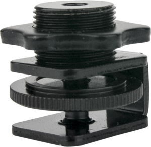 800q-01_122768 Lähikuva Kupo KS-140 Adapter with Cold Shoe for 5/8"-27, musta metallinen kameran lisävaruste, jossa on kierteitetyt ja uritetut kohdat sekä puristimen kaltainen pohja.
