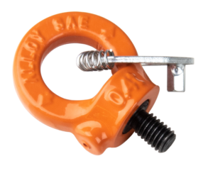 800q-01_122774 Kupo KS-156 Pyörivä rengaspultti 3/8"-16 x 14mm on oranssi metallisilmä, kierteitetty musta pää ja hopeanvärinen jousikuormitteinen salpa, joka näkyy valkoisella taustalla.