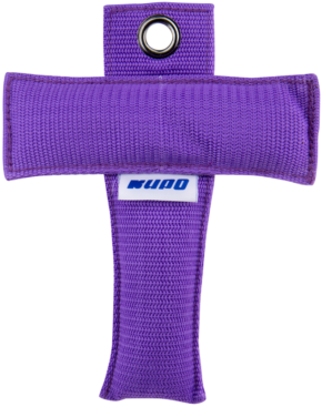 800q-01_122786 The Kupo KS-168P Camera T Marker 6 "x8" (purple) is a purple woven protective case with a cross shape, a metal ring at the top and a white label with the blue text "KUDO" near the center.