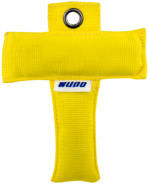 800q-01_122789 Kupo KS-168Y Camera T Marker 6" x 8" (yellow) is a yellow fabric, cross-shaped marker with a metal grommet and a white Kupo logo, used as a counterweight or stabiliser for photography and film equipment.