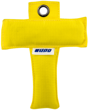 800q-01_122789 Kupo KS-168Y Camera T Marker 6" x 8" (yellow) is a yellow fabric, cross-shaped marker with a metal grommet and a white Kupo logo, used as a counterweight or stabiliser for photography and film equipment.