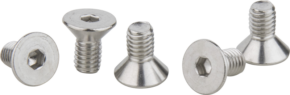 800q-01_122795 Five Kupo KS-178 3/8"-16 flat-head hexagon socket screws made of stainless steel are shown against a white background, with both the threads and the hexagon sockets clearly visible.