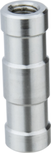 800q-01_122802 Kupo KS-186 Round Stud 3/8"-16F & 3/8"-16F on sylinterimäinen metallinen liitin, jossa on sileä hopeinen viimeistely ja kaksi uurrettua uraa.