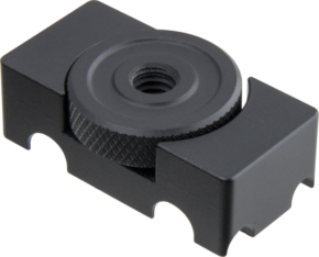 800q-01_122804 The Kupo KS-188 Data Cable Anchor Adapter is a black metal camera anchor with a checkered clamping wheel and threaded center hole, designed for attaching accessories to the hot shoe of a camera.