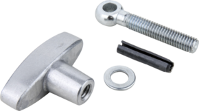 800q-01_122809 Kupo KS-192 Silmäpultti alumiinivalutapilla 3/8"-16F & 3/8"-16F sisältää hopeanvärisen T-kahvan, uritetun pultin, jossa on silmä, litteän aluslevyn ja mustan sylinteritapin tavallisella vaalealla pohjalla.
