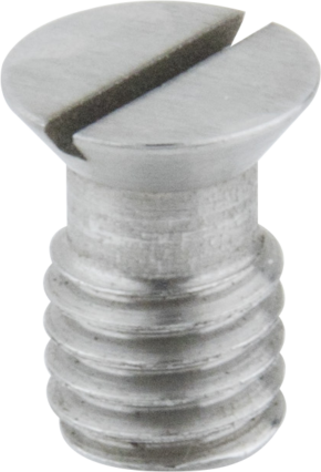 800q-01_122812 A close-up of a Kupo KS-194 Slotted Countersunk Head 3/8"-16 screw, featuring a flat, slotted metal head and a cylindrical threaded shank.