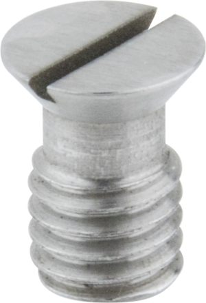 Lähikuva Kupo KS-194 Slotted Countersunk Head 3/8"-16 -ruuvista, jossa on metallinen litteä urainen pää ja lieriömäinen kierteitetty runko.