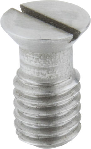 800q-01_122813 Lähikuva Kupo KS-196 Slotted Countersunk Head 3/8"-16 -ruuvista, jossa korostuu sen metallinen viimeistely, kierteitetty runko ja litteä yläosa, jossa on suora ura litteäkärkistä ruuvimeisseliä varten.