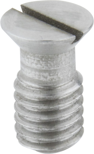 800q-01_122813 Lähikuva Kupo KS-196 Slotted Countersunk Head 3/8"-16 -ruuvista, jossa korostuu sen metallinen viimeistely, kierteitetty runko ja litteä yläosa, jossa on suora ura litteäkärkistä ruuvimeisseliä varten.