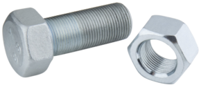 800q-01_122815 Kupo KS-198 1"-14T hexagon bolt and matching nut, both threaded, are shown side by side on a light background with the internal threads of the nut visible.