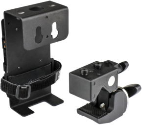 800q-01_122816 The Kupo KS-199 Multifunctional V-Mount Battery Mount Kit includes two black metal accessories: one with a hook strap and mounting holes, the other with adjustment knobs and a lever designed to stabilize or mount camera equipment.