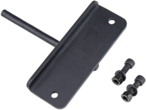 800q-01_122817 KS-203 Cucoloris Handle, black metal bracket with attached rod, two black bolts and corresponding nuts on a light grey background.