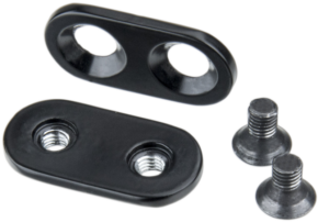 800q-01_122818 The Kupo KS-205 ballast mounting kit is shown on a white background: two black oval metal plates - one with threaded holes, one with through holes - and two matching screws.