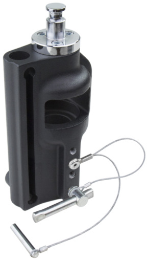 800q-01_122824 The Kupo KS-212 Spigot Adapter 5/8" M - 1-1/8" F is a black and silver metal bracket with a cylindrical top, side opening and two removable, cable-connected pins designed for attaching equipment.