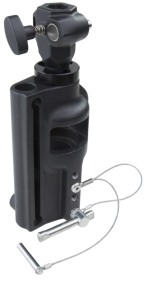 800q-01_122825 The KS-214 Spigot Adapter 5/8" F - 1-1/8" F is shown with an insulated light background and features a black adjustable design with ball end, tension knob, elongated groove, metal safety cables and included allen wrenches.