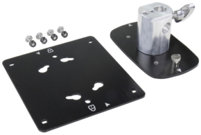 800q-01_122832 The Kupo KS-231 Quick Release Adapter with Plate (14.7cm x 16.2cm) includes two black metal mounting plates, a silver-coloured adjustable bracket and four screws with washers, all on a white background.