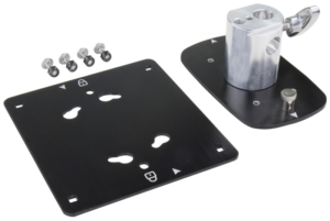 800q-01_122832 Kupo KS-231 Quick Release Adapter with Plate (14.7cm x 16.2cm) sisältää kaksi mustaa metallista kiinnityslevyä, hopeanvärisen säädettävän kiinnikkeen ja neljä ruuvia aluslevyineen, kaikki valkoisella pohjalla.