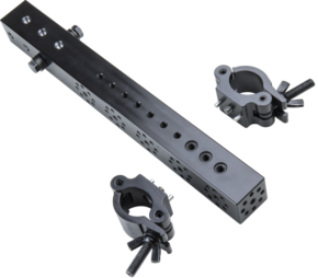 800q-01_122835 Kupo KS-236 trailer hitch adapter, black metal rail with multiple holes, shown diagonally with two separate circular brackets with adjusting screws, all against a light background.
