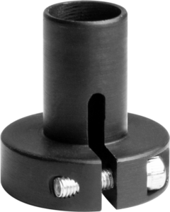 800q-01_122837 Kupo KS-238 Low Mode Bracket 3/4" adapteri (3 kpl) on musta metallinen sylinterimäinen adapteri, jossa on pyöreä pohja, pystysuora ura ja kaksi kuusiokantaruuvia kiinnikkeiden kiinnittämistä varten.