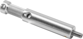 800q-01_122838 The Kupo KS-239 5/8" Stud features a stainless steel ringed cylindrical body with two holes and a 1/4"-20M threaded screw at one end. Finished in silver, it provides a secure grip and durable construction.
