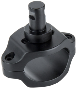 800q-01_122845 The Kupo KS-248 docking bracket for Easyrig stabilizers is a black metal bracket with a cylindrical pin and two screw holes for mounting or securing equipment, shown with a plain light-coloured background.
