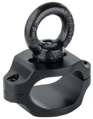 800q-01_122846 Kupo KS-249 Safety Attachment for Easyrig Stabilizer on musta metallinen kiinnitin, jonka yläosassa on silmämutteri, kaksi ruuvinreikää kiinnitystä varten ja pyöreä aukko putkien tai tankojen kiinnittämistä varten.