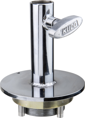 800q-01_122852 Kiiltävä metallinen Kupo KS-258 Mitchellin pyöreä asennuslevy, jossa on lieriömäinen runko, pyöreä pohja ja suuri 1-1/8" (28mm) Junior-vastaanottimen kahva, joka on suunniteltu asennus- ja ohjaussovelluksiin.
