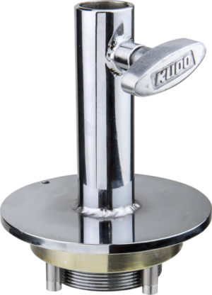 800q-01_122852 Kiiltävä metallinen Kupo KS-258 Mitchellin pyöreä asennuslevy, jossa on lieriömäinen runko, pyöreä pohja ja suuri 1-1/8" (28mm) Junior-vastaanottimen kahva, joka on suunniteltu asennus- ja ohjaussovelluksiin.